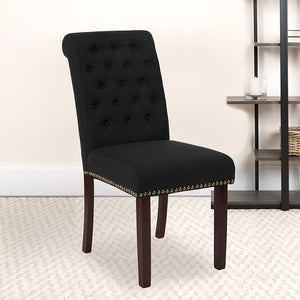 HERCULES Series Black Fabric Parsons Chair with Rolled Back, Accent Nail Trim and Walnut Finish by Office Chairs PLUS
