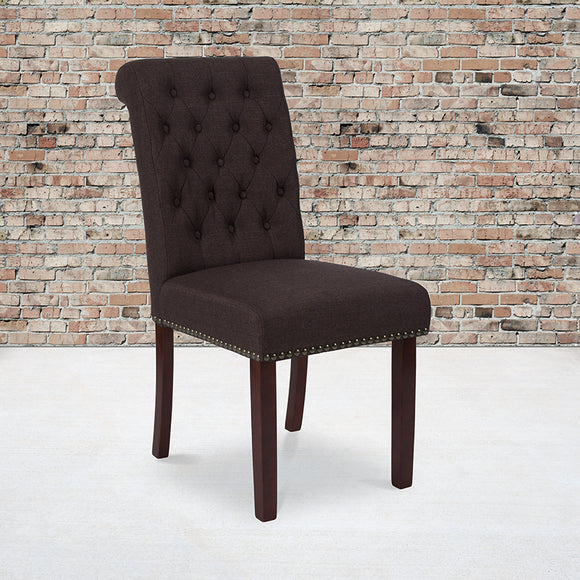 HERCULES Series Brown Fabric Parsons Chair with Rolled Back, Accent Nail Trim and Walnut Finish by Office Chairs PLUS