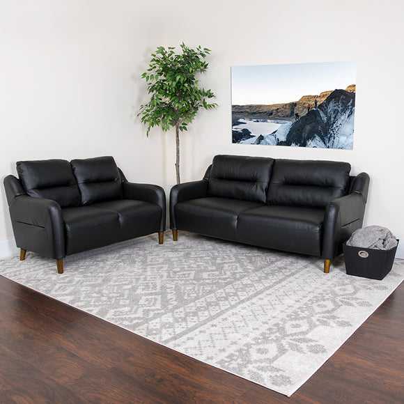 Newton Hill Upholstered Bustle Back Loveseat and Sofa Set in Black LeatherSoft by Office Chairs PLUS