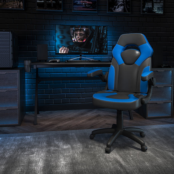X10 Gaming Chair Racing Office Ergonomic Computer PC Adjustable Swivel Chair with Flip-up Arms, Blue/Black LeatherSoft by Office Chairs PLUS