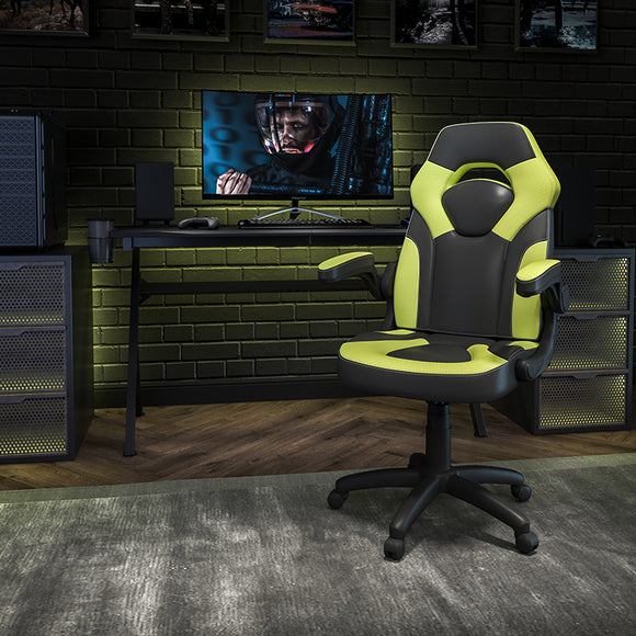 X10 Gaming Chair Racing Office Ergonomic Computer PC Adjustable Swivel Chair with Flip-up Arms, Neon Green/Black LeatherSoft by Office Chairs PLUS