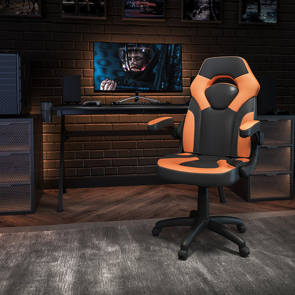 X10 Gaming Chair Racing Office Ergonomic Computer PC Adjustable Swivel Chair with Flip-up Arms, Orange/Black LeatherSoft by Office Chairs PLUS