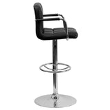 Contemporary Black Quilted Vinyl Adjustable Height Barstool with Arms and Chrome Base