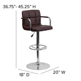 Contemporary Brown Quilted Vinyl Adjustable Height Barstool with Arms and Chrome Base