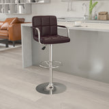 Contemporary Brown Quilted Vinyl Adjustable Height Barstool with Arms and Chrome Base by Office Chairs PLUS