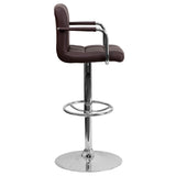 Contemporary Brown Quilted Vinyl Adjustable Height Barstool with Arms and Chrome Base