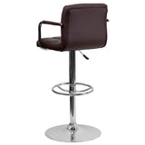 Contemporary Brown Quilted Vinyl Adjustable Height Barstool with Arms and Chrome Base