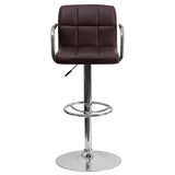 Contemporary Brown Quilted Vinyl Adjustable Height Barstool with Arms and Chrome Base