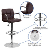 Contemporary Brown Quilted Vinyl Adjustable Height Barstool with Arms and Chrome Base