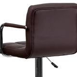 Contemporary Brown Quilted Vinyl Adjustable Height Barstool with Arms and Chrome Base