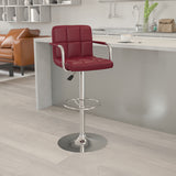 Contemporary Burgundy Quilted Vinyl Adjustable Height Barstool with Arms and Chrome Base by Office Chairs PLUS