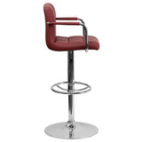 Contemporary Burgundy Quilted Vinyl Adjustable Height Barstool with Arms and Chrome Base