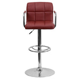 Contemporary Burgundy Quilted Vinyl Adjustable Height Barstool with Arms and Chrome Base