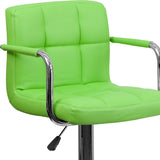 Contemporary Green Quilted Vinyl Adjustable Height Barstool with Arms and Chrome Base