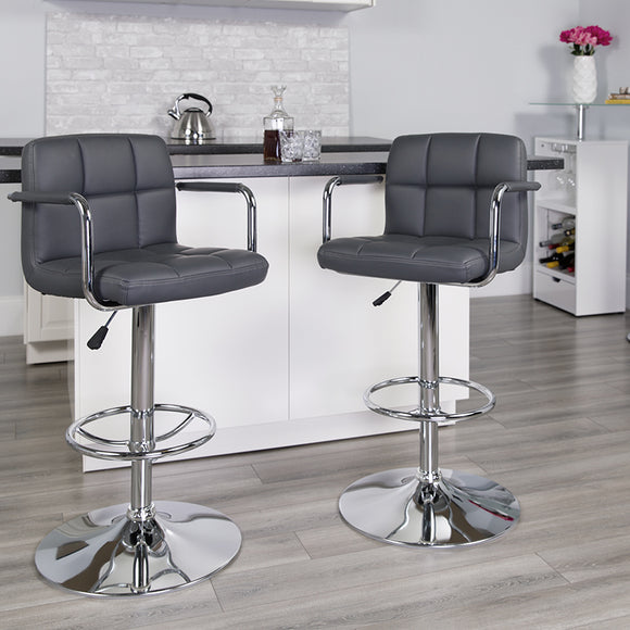 Contemporary Gray Quilted Vinyl Adjustable Height Barstool with Arms and Chrome Base by Office Chairs PLUS