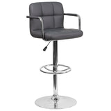 Contemporary Gray Quilted Vinyl Adjustable Height Barstool with Arms and Chrome Base