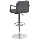 Contemporary Gray Quilted Vinyl Adjustable Height Barstool with Arms and Chrome Base