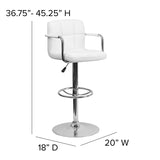 Contemporary White Quilted Vinyl Adjustable Height Barstool with Arms and Chrome Base