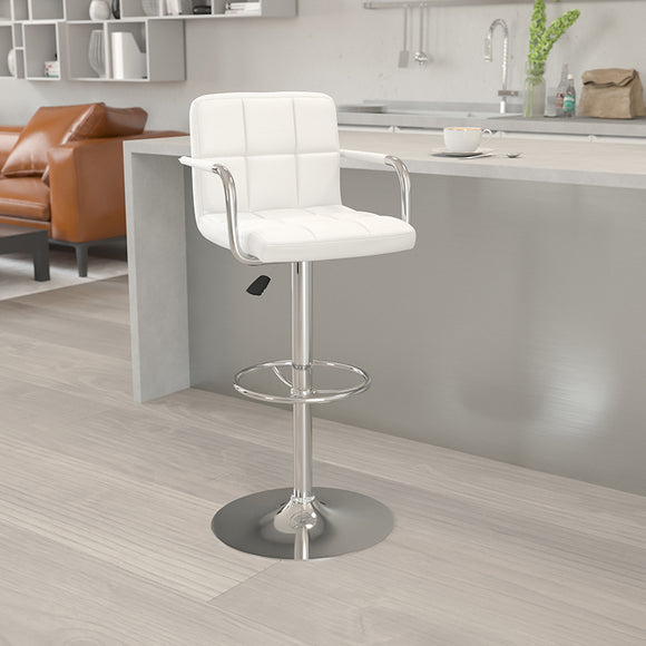 Contemporary White Quilted Vinyl Adjustable Height Barstool with Arms and Chrome Base by Office Chairs PLUS