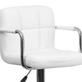 Contemporary White Quilted Vinyl Adjustable Height Barstool with Arms and Chrome Base