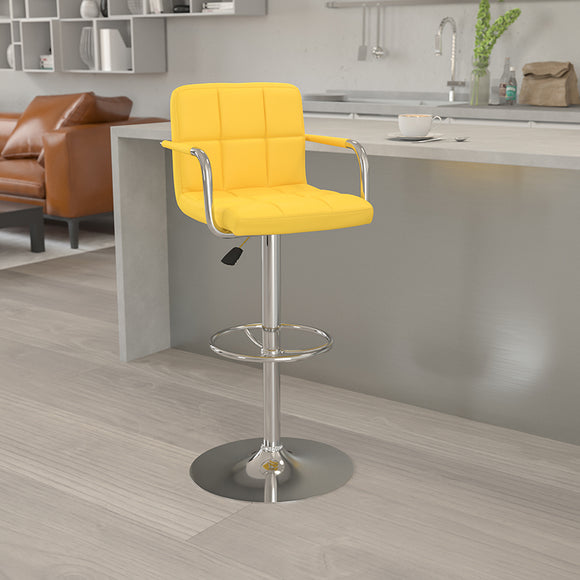 Contemporary Yellow Quilted Vinyl Adjustable Height Barstool with Arms and Chrome Base by Office Chairs PLUS