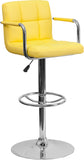 Contemporary Yellow Quilted Vinyl Adjustable Height Barstool with Arms and Chrome Base