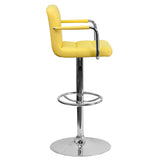 Contemporary Yellow Quilted Vinyl Adjustable Height Barstool with Arms and Chrome Base