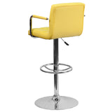 Contemporary Yellow Quilted Vinyl Adjustable Height Barstool with Arms and Chrome Base