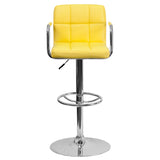 Contemporary Yellow Quilted Vinyl Adjustable Height Barstool with Arms and Chrome Base