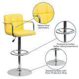 Contemporary Yellow Quilted Vinyl Adjustable Height Barstool with Arms and Chrome Base