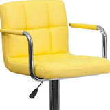 Contemporary Yellow Quilted Vinyl Adjustable Height Barstool with Arms and Chrome Base