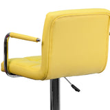 Contemporary Yellow Quilted Vinyl Adjustable Height Barstool with Arms and Chrome Base