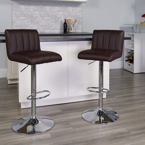 Contemporary Brown Vinyl Adjustable Height Barstool with Vertical Stitch Back/Seat and Chrome Base by Office Chairs PLUS