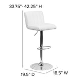 Contemporary White Vinyl Adjustable Height Barstool with Vertical Stitch Back/Seat and Chrome Base