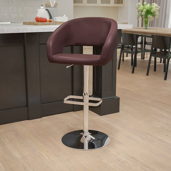 Contemporary Brown Vinyl Adjustable Height Barstool with Rounded Mid-Back and Chrome Base by Office Chairs PLUS