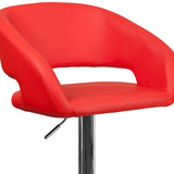 Contemporary Red Vinyl Adjustable Height Barstool with Rounded Mid-Back and Chrome Base
