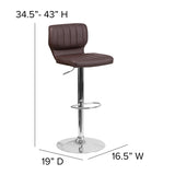 Contemporary Brown Vinyl Adjustable Height Barstool with Vertical Stitch Back and Chrome Base