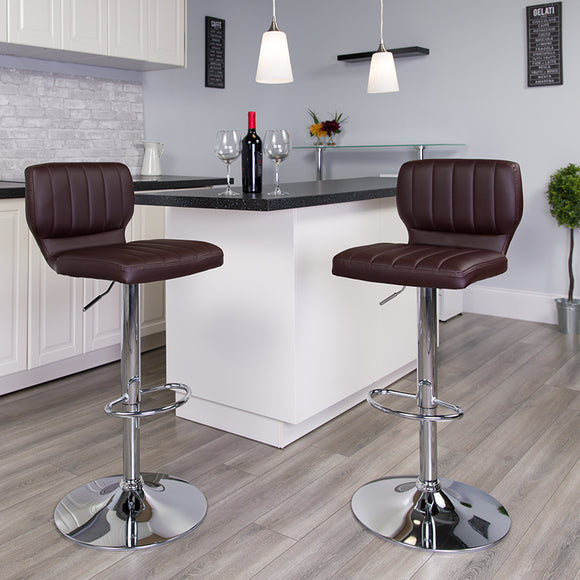 Contemporary Brown Vinyl Adjustable Height Barstool with Vertical Stitch Back and Chrome Base CH-132330-BRN-GG