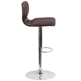 Contemporary Brown Vinyl Adjustable Height Barstool with Vertical Stitch Back and Chrome Base