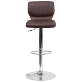 Contemporary Brown Vinyl Adjustable Height Barstool with Vertical Stitch Back and Chrome Base 