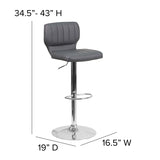 Contemporary Gray Vinyl Adjustable Height Barstool with Vertical Stitch Back and Chrome Base
