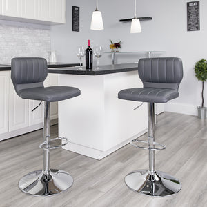 Contemporary Gray Vinyl Adjustable Height Barstool with Vertical Stitch Back and Chrome Base by Office Chairs PLUS