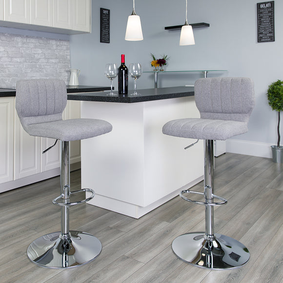 Contemporary Gray Fabric Adjustable Height Barstool with Vertical Stitch Back and Chrome Base by Office Chairs PLUS