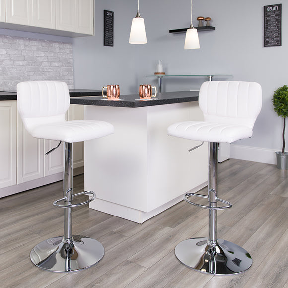 Contemporary White Vinyl Adjustable Height Barstool with Vertical Stitch Back and Chrome Base CH-132330-WH-GG