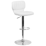 Contemporary White Vinyl Adjustable Height Barstool with Vertical Stitch Back and Chrome Base 