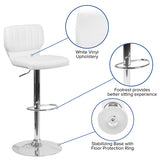 Contemporary White Vinyl Adjustable Height Barstool with Vertical Stitch Back and Chrome Base 
