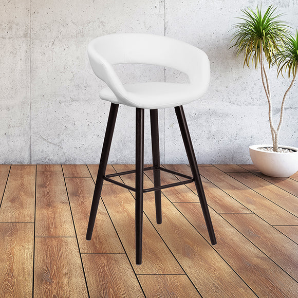 Brynn Series 29'' High Contemporary Cappuccino Wood Barstool in White Vinyl by Office Chairs PLUS