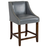 Carmel Series 24" High Transitional Walnut Counter Height Stool with Nail Trim in Light Gray LeatherSoft