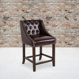 Carmel Series 24" High Transitional Tufted Walnut Counter Height Stool with Accent Nail Trim in Brown LeatherSoft by Office Chairs PLUS