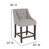 Carmel Series 24" High Transitional Tufted Walnut Counter Height Stool with Accent Nail Trim in Light Gray Fabric